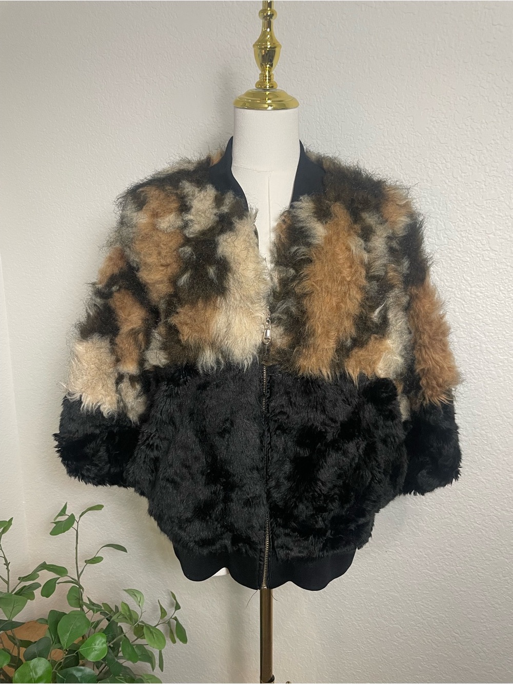 Say What? Faux Fur Colorblock Bomber Jacket Black Brown Cream L